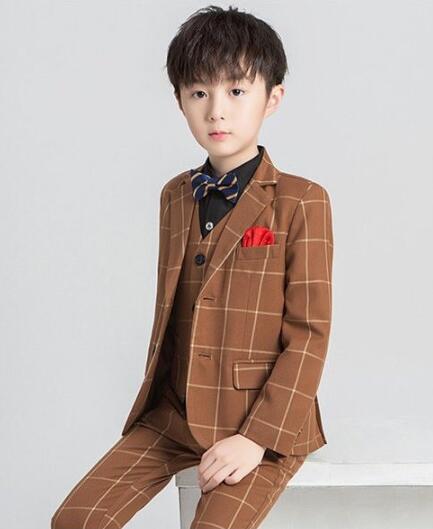 チェック柄フォーマルスーツ 男の子 スーツ キッズ 子供 4点セット ベスト　スーツジャケット長袖ワイシャツ 上下セット タキシード ジュニア 入学式 卒業式 七五三 結婚式 発表会
