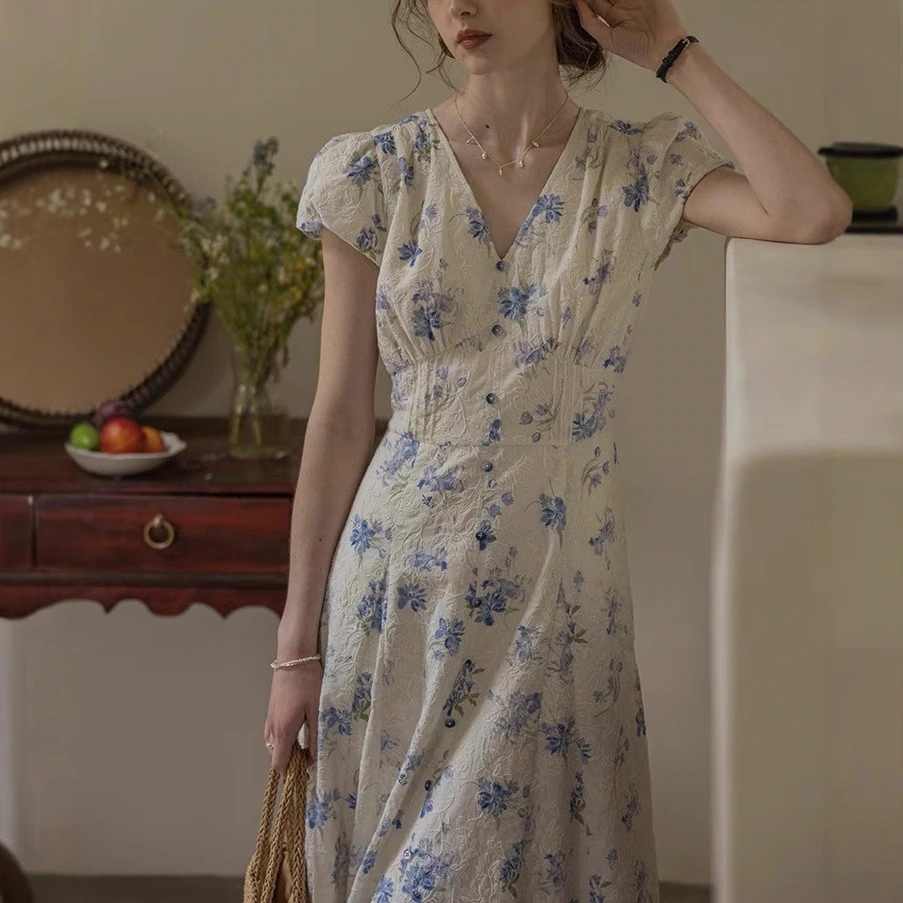 2025 夏 ロングワンピース vネック ロング丈 花柄ワンピース 秋 レディース