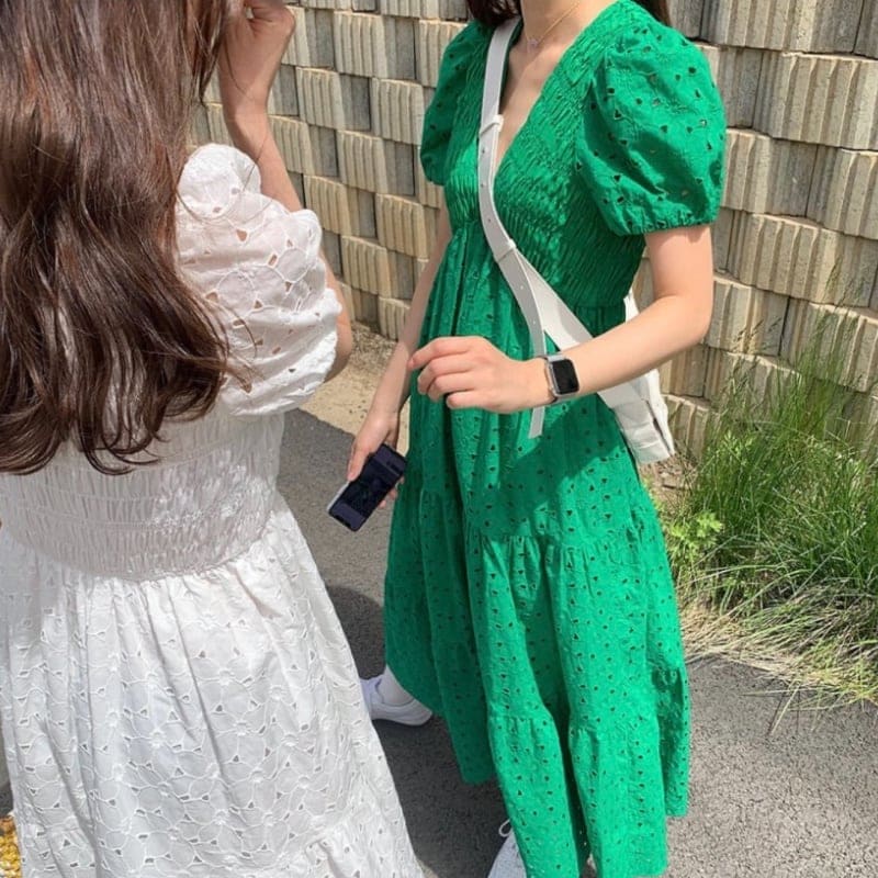 4color レディース ワンピース ロング丈 パフスリーブ グリーン ホワイト 276