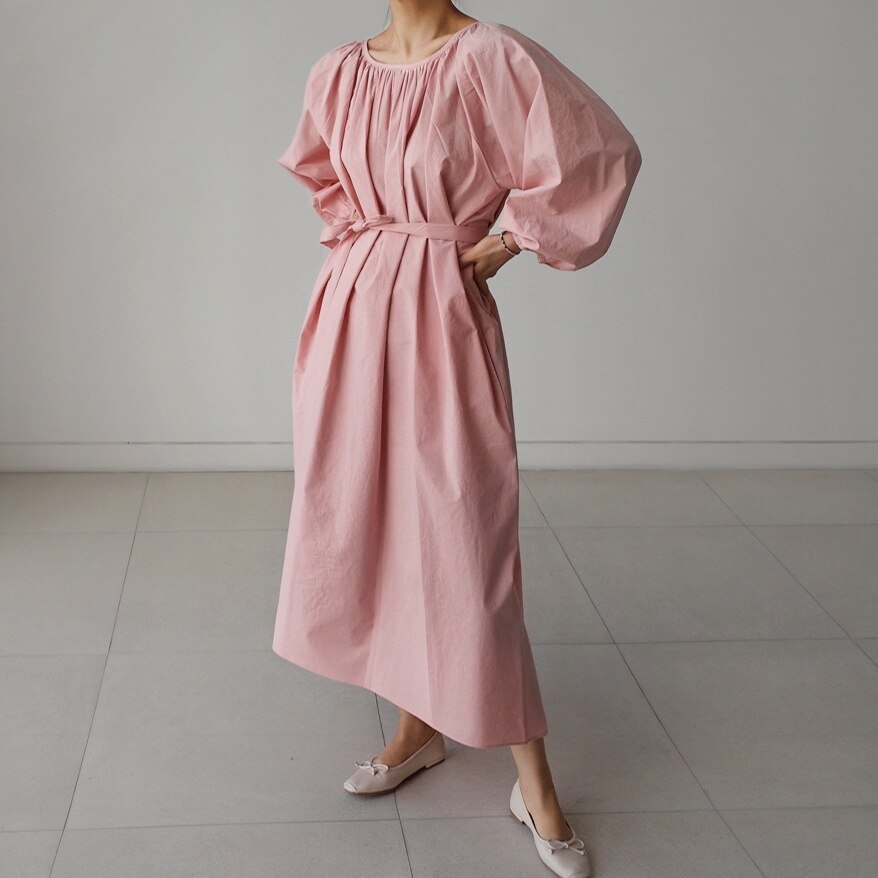 ワンピース レディース フレアワンピース 膝下 マキシ丈 袖あり 半袖 ボリューム袖 ラウンドネック 無地 薄手 ママ マタニティ 休日 ウエストマーク カジュアル きれいめ ピンク　ベージュ XL