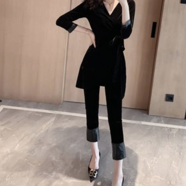パンツ ズボン クロップド 7分袖 Vネック セット かっこいい かわいい 大人可愛い きれいめ シンプル 大人 上品 おしゃれ 無地 春 秋 デート お出かけ ブラック トップス ボトムス