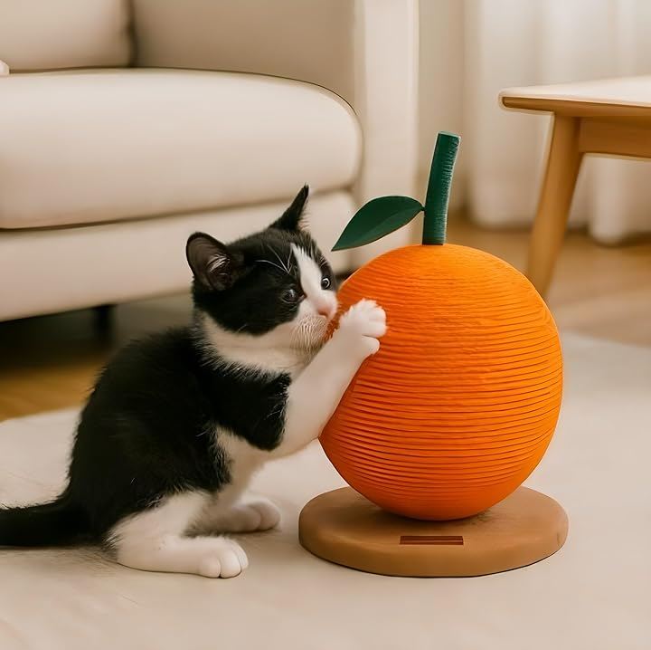 バリバリボウル 爪とぎボール 猫 みかん インテリア キャットタワー 登り棒 サイザル麻 おもちゃ 多用途デザイン 置き型 省スペース (オレンジ)
