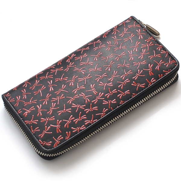 【新規OPEN】【期間限定セール】【激安】【新品未使用】鹿革漆付け　大流行のとんぼ柄　印伝　日本製　男女兼用　ラウンドロングウォレット　IDT-103　RD