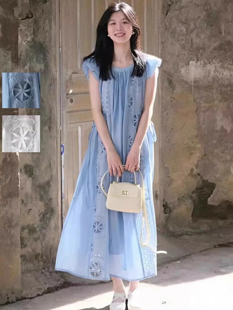 【送料無料】ワンピース レディース ロングワンピース ギャザー 刺 Aラインワンピース テントライ