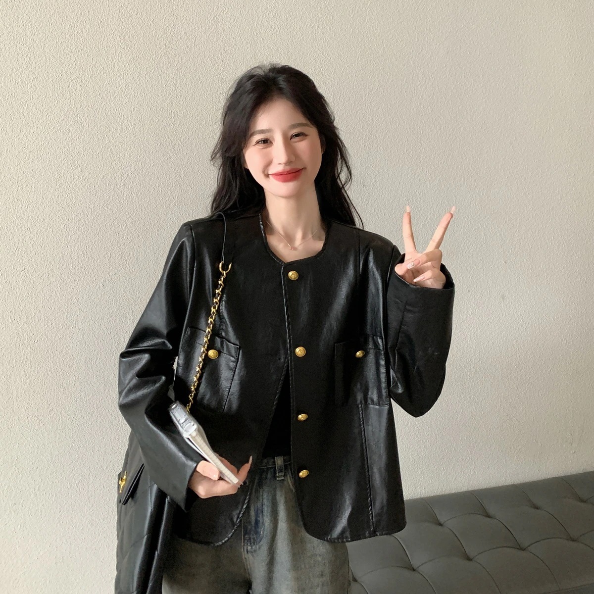 【急速出荷】無.料 ブラックPUレザージャケット（2025春秋）