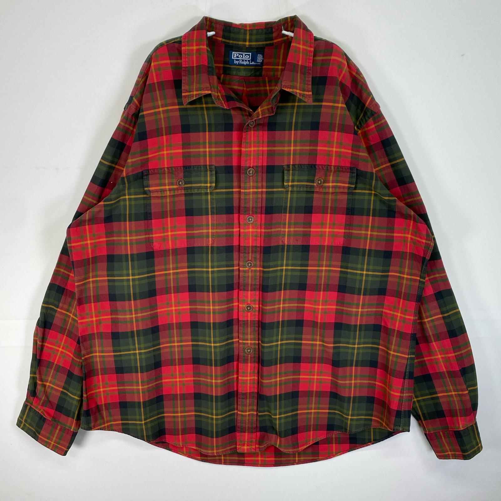 古着 90s/90年代 ポロバイラルフローレン Polo by Ralph Lauren 長袖シャツ フラップポケ エルボーパッチ 大きいサイズ　肉厚 XXL レッド系 マルチカラー メンズ