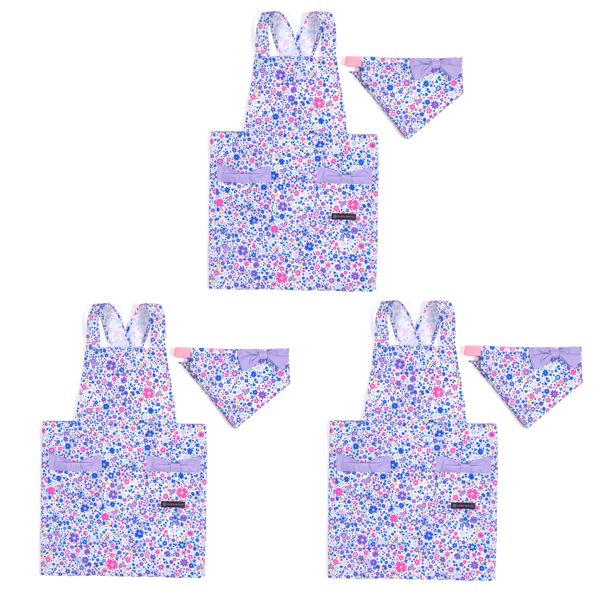 COLORFUL CANDY STYLE バッククロス子どもエプロン(100～120cm) 撥水ノーアイロン フラワー模様のエアリーシャワー 3枚セット 女の子 かわいい 子供用 子供 エプロン 三角