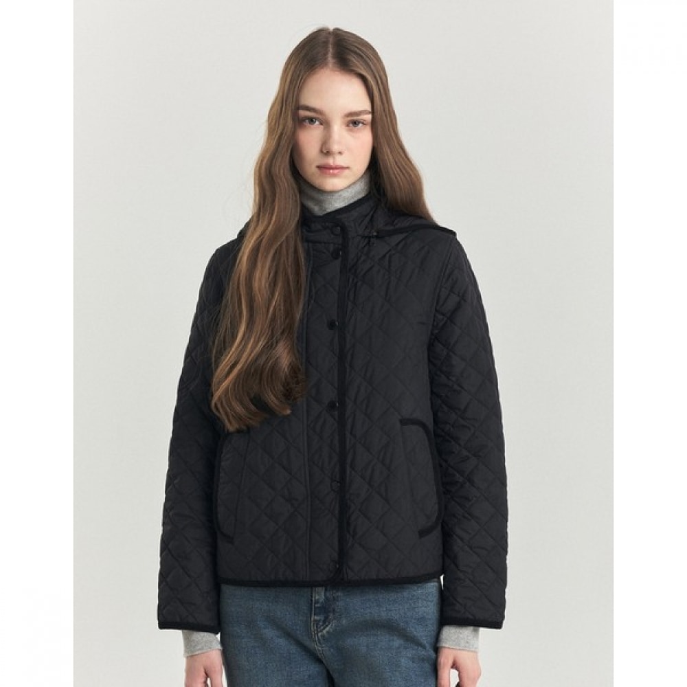 (ヘッジズレディース) 24FW チェック裏地フード付きショートキルトジャンパーブラック HSJU4D911BK