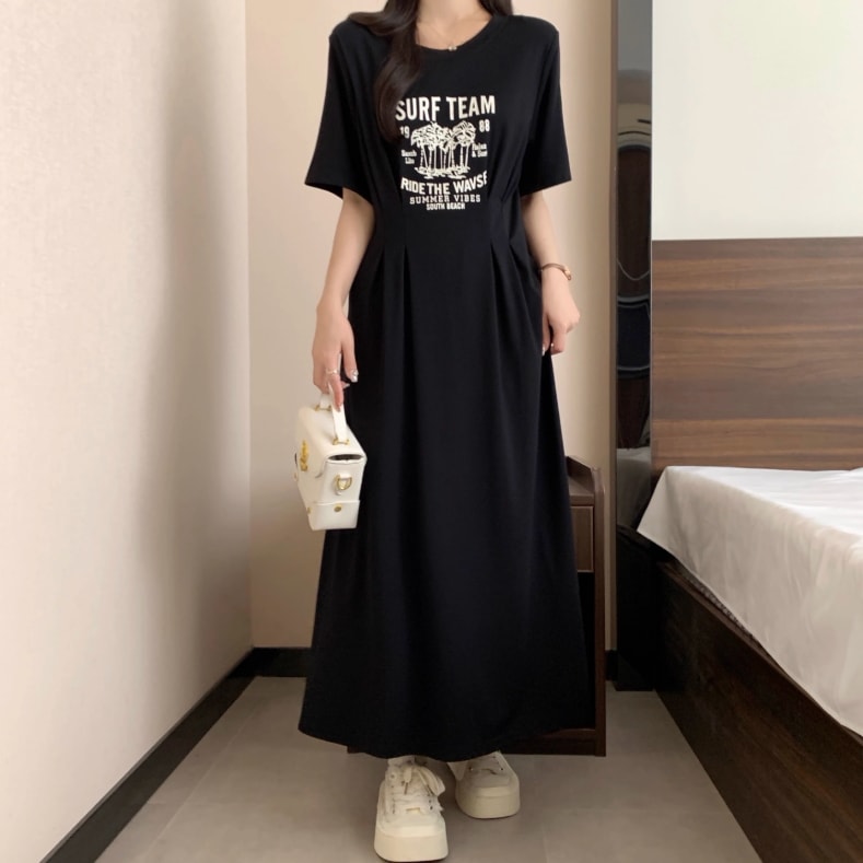 レディース スカート ワンピース Tシャツワンピース ロングスカート ロング 半袖 ラウンドネック Aライン ハイウエスト かわいい 大人可愛い シンプル カジュアル おしゃれ こなれ感 ラフ 個性的