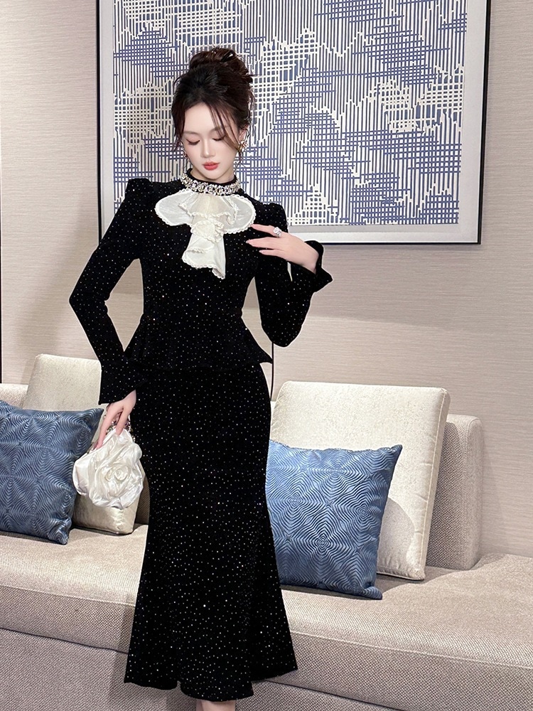 【JY.上品】 秋 マーメイド ロングワンピース フリル ドレス パーティー キャバ 大人 同窓会 披露宴 卒業式 結婚式 演奏会 ウェディング 二次会 メガ割