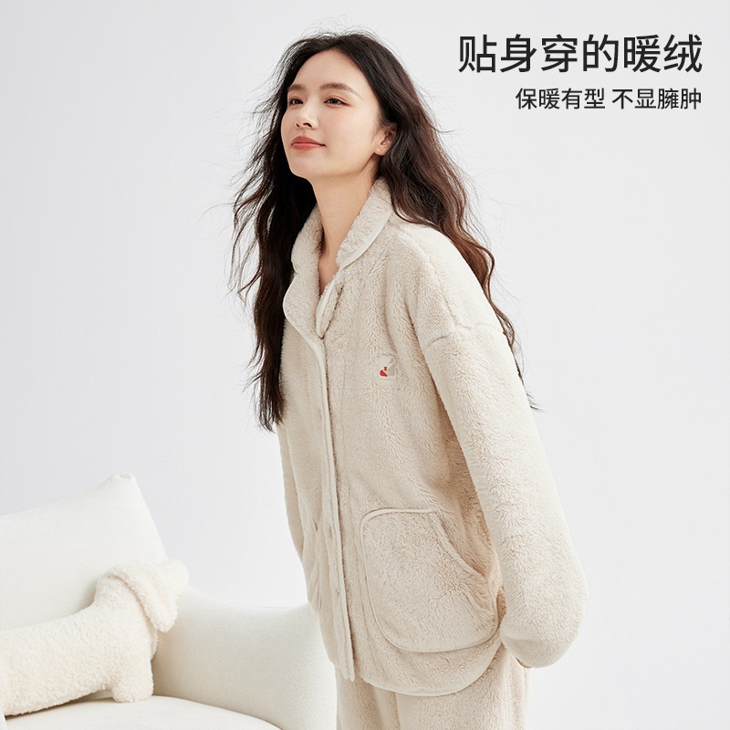 女性用の厚手のコーラルフリースパジャマ冬に最適フランネルカップル/メンズラウンジウェア暖かいセット