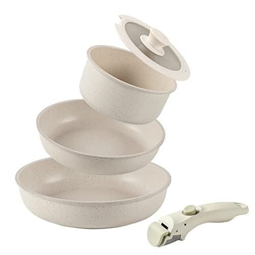 CAROTEフライパンセットIH&ガス火対応５点 取っ手のとれる 一人暮らしセット マーブルコート くっつかなく洗いやすい ベージュ一年保証 ICE CREAM（５点セット）