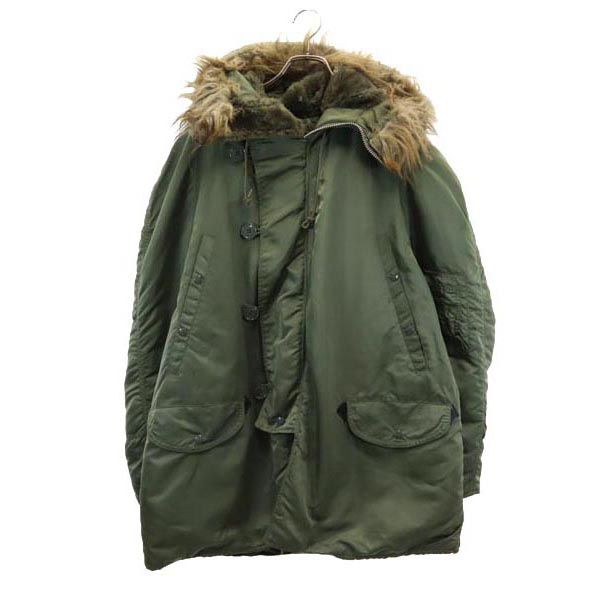 90s USA製 オールド 中綿 フライトジャケット L カーキ フェイクファー フード メンズ