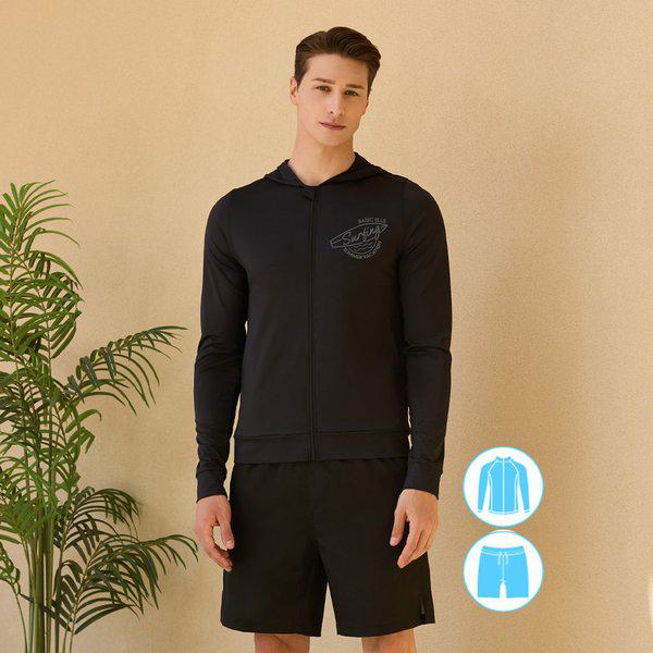 男性用フード付きジップアップラッシュガードビーチショートパンツセット BEM-X910K