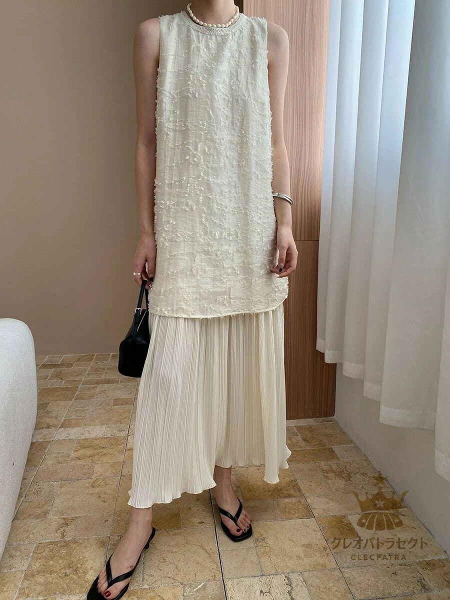新登場スペシャルワンピース レディース ロングワンピース ロング丈 ミモレ丈 ノースリーブ ワンピ ロング クルーネック プリーツ 切り替えワンピース 体型カバー ゆったり ゆるっとワンピース シンプ