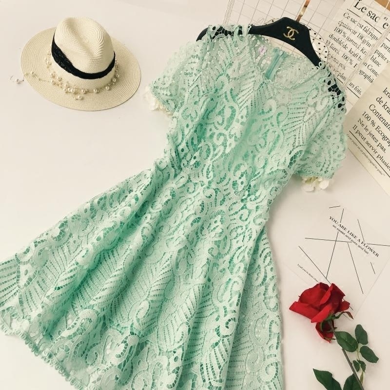 1697.総レースミニドレス（グリーン）2019 春夏 sale お呼ばれ 結婚式 二次会 パーティー デート 女子会 レストラン 記念日 演奏会 発表会