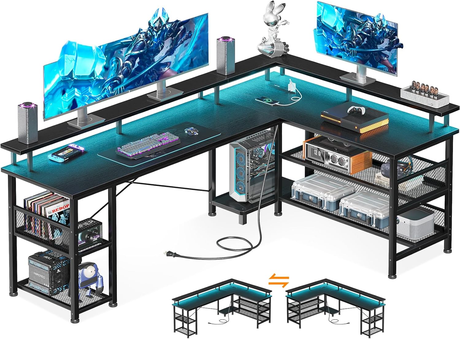 デスク デスク 机 pcデスク LEDライト付き 勉強机 棚付き オフィスデスク 幅168 ワークデスク 桌子 在宅勤務 事務机 組立簡単 ブラック