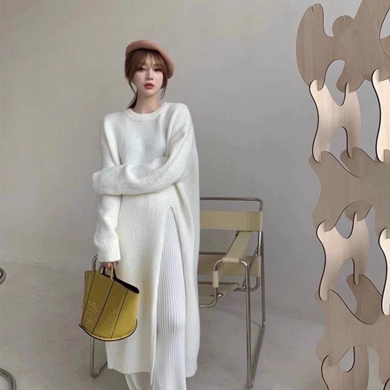 ワンピース ロング ロング丈 袖あり 長袖 ラウンドネック スリム タイト 細身 スリット サイドスリット 大人可愛い きれいめ シンプル カジュアル 大人 上品 おしゃれ お洒落 かっこいい