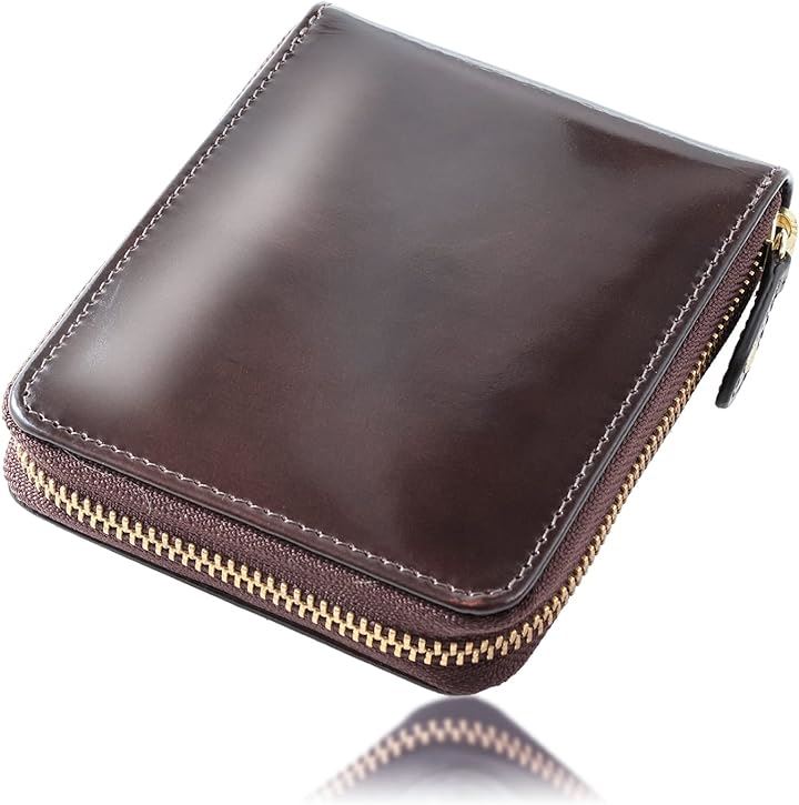 財布 メンズ 2つ折り 本革 ラウンドファスナー イタリアンレザー 光沢 撥水 コンパクト 大容量 多機能 小銭入れ ボックス型 カード10枚収納 X05-Br( ブラウン)