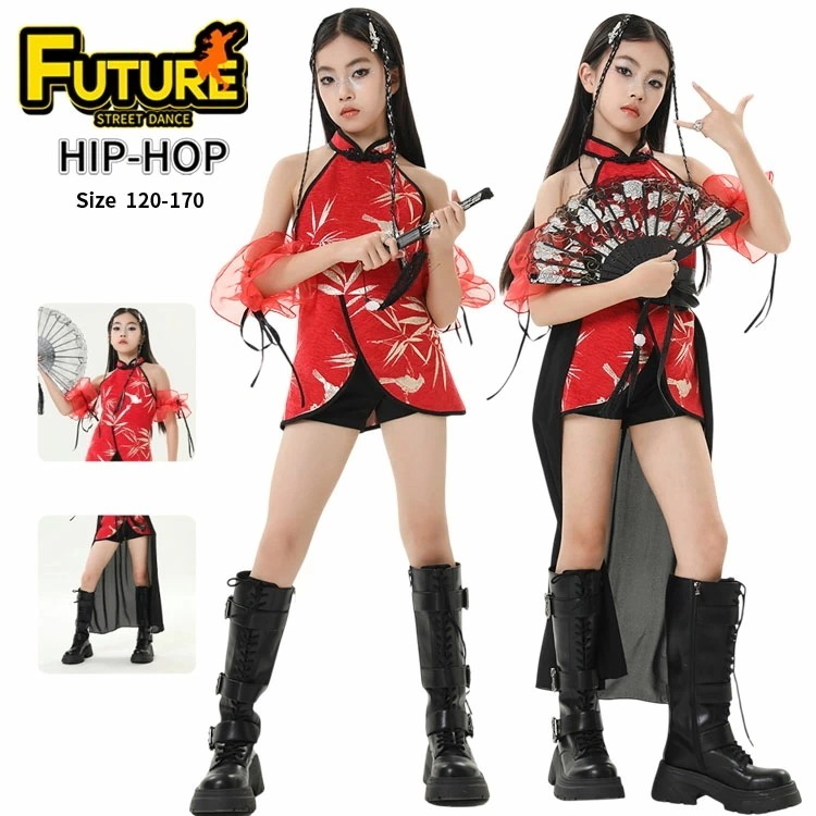 キッズ 2 日 限定 セール レッド 黒 kpop 衣装 ダンス セットアップチアダンスワンピースパンツマント 赤