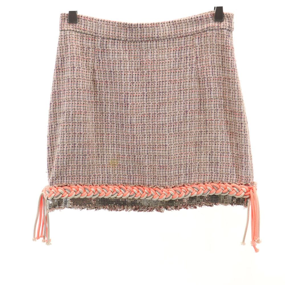 イタリア製 チェック柄 ミニ丈 ツイード 台形 スカート 40 ピンク系 レディース