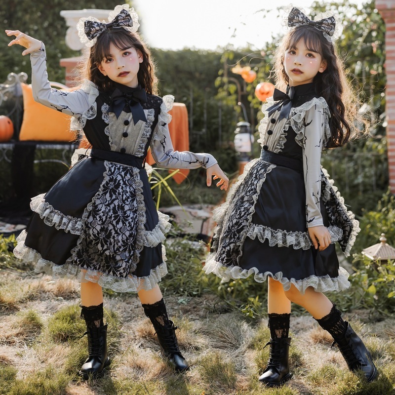 ハロウィンコスチューム 子供用 ロリータ レースドレス ダーク ゴシック 魔女 女の子 ロリータ メイド