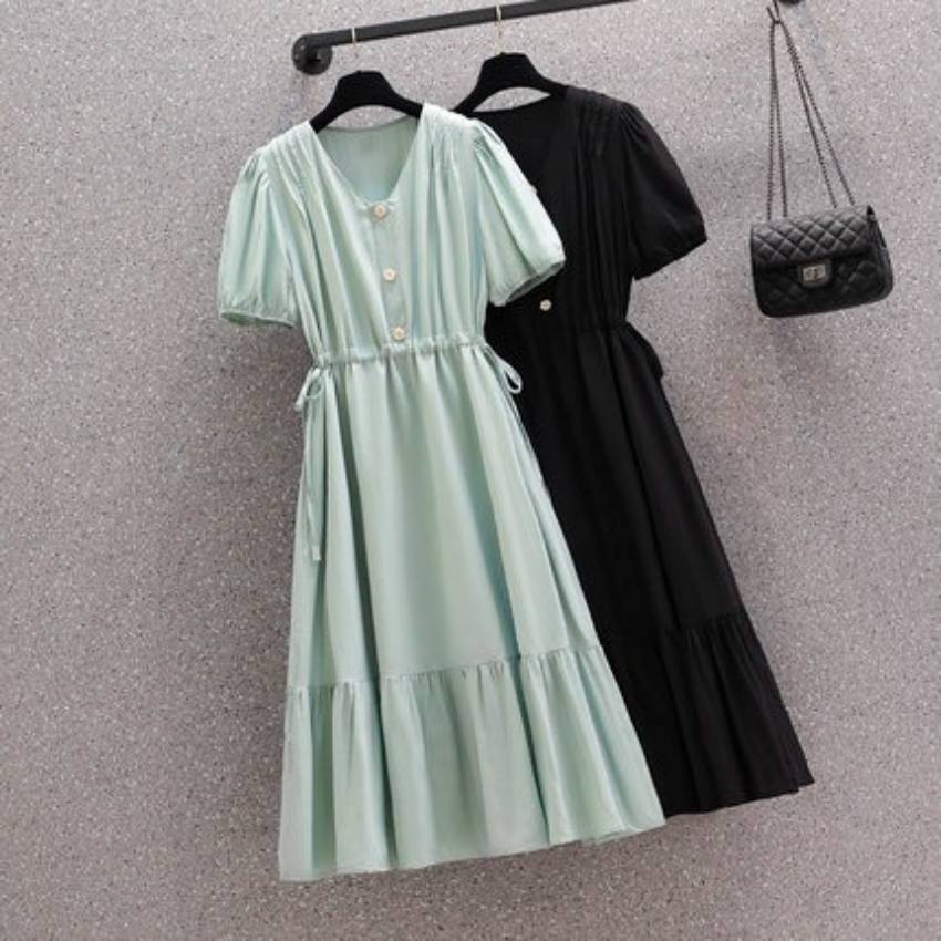 ワンピース フレアワンピース 膝丈 ひざ丈 膝下 ミモレ ミモレ丈 袖あり 半袖 パフスリーブ Vネック フレア Aライン 切り替えデザイン リボン ウエストマーク ウエストリボン ハイウエスト