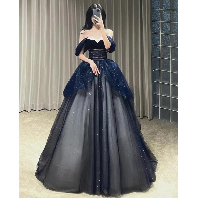 女性のためのドレス2024ファッショナブルなブルーワンショルダーホスト誕生日婚約ドレス