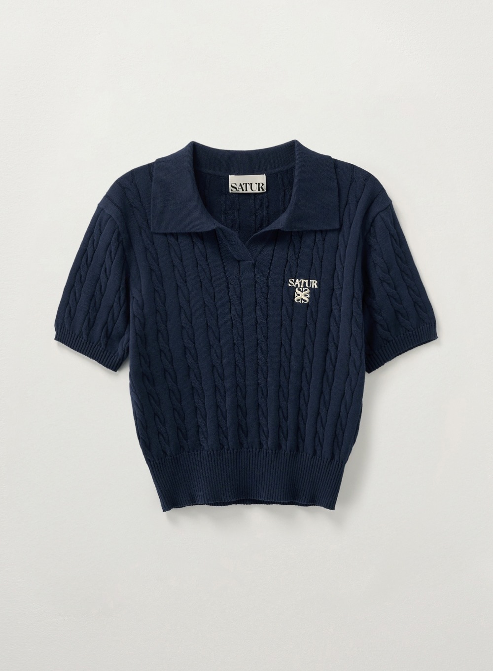【SATUR】 (W) CABLE COLLAR HALF KNIT : NAVY