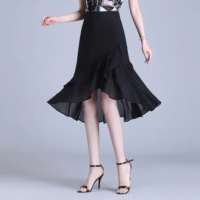 不規則なシフォンのテールスカートの夏2025新型フリルA字ティアードスカート通勤タイトスカート