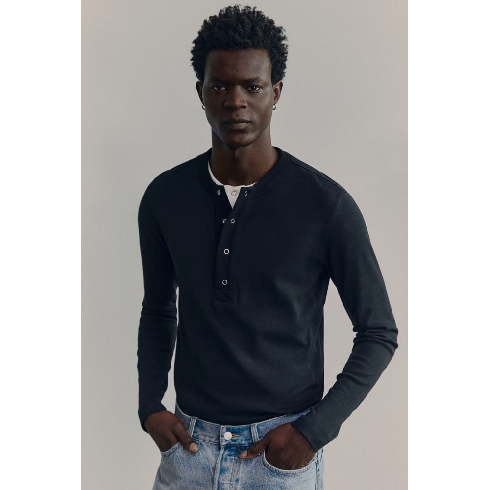 H&M リブドリネンブレンドヘンリートップ ブラック