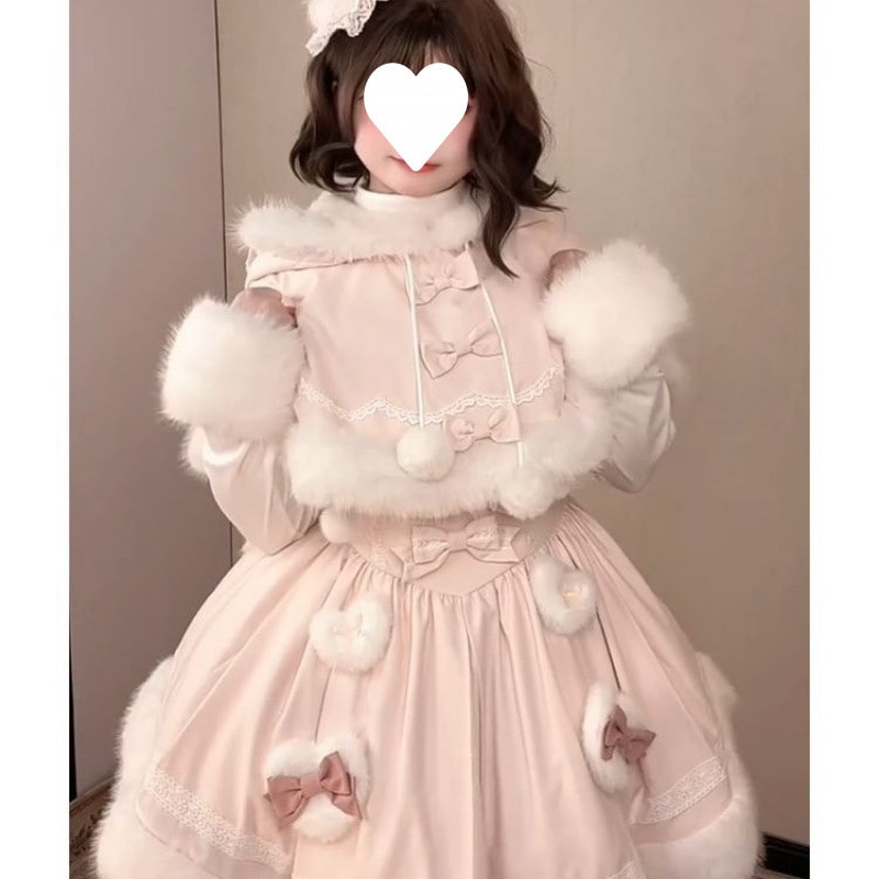 ロリータかわいい乙女の甘さ減齢モコモコキルティングマントコートリボンワンピース厚手スーツ女