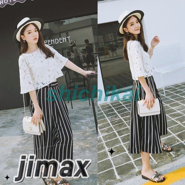 セットアップ レディース カジュアル 夏 春 パンツドレス カジュアル 2点セット 上下セット ガウチョパンツ ストライプ セットアップ ワイド キレイめ 通勤 OL 着痩せ ホワイトデー