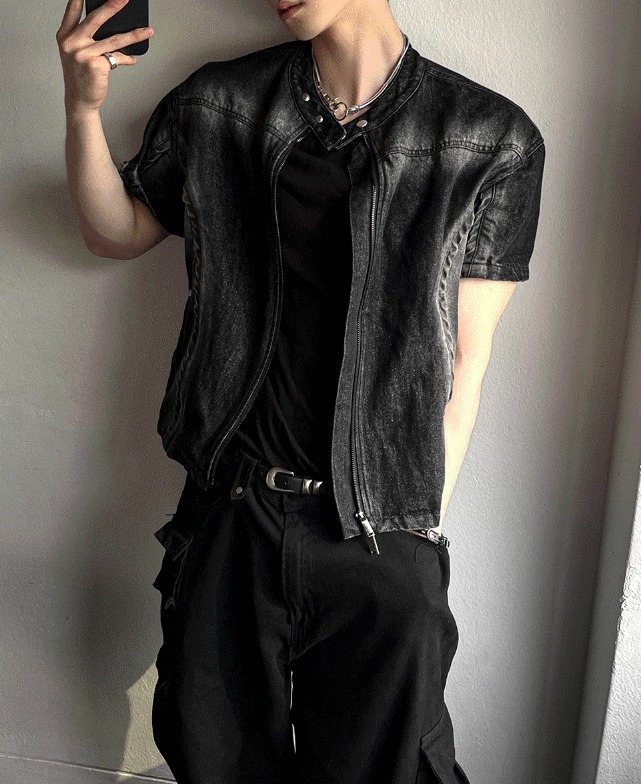 [COSYHARU公式] V-shaped cropped denim biker jacket