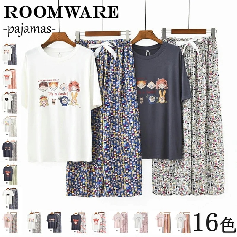 ルームウェア レディース 部屋着 パジャマ 上下セット ナイトウェア ルームウエア 大きいサイズ 秋 春 夏 ワイドパンツ 大きいサイズ Free 半袖 パンツ 20代 30代 フリー 綿 マタニティ