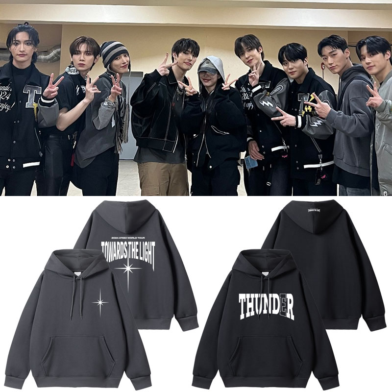 Ateezコンサートスウェットシャツベルベット薄手プルオーバーフード付き春秋冬トップス