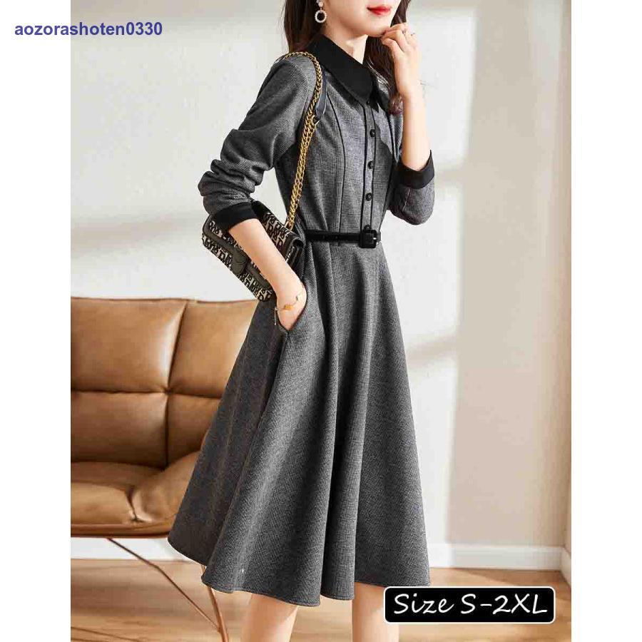 シャツワンピース レディース 40代 きれいめ 膝丈ワンピース 秋冬 長袖ワンピース 無地折り襟 Aラインスカート フレアオシャレ大人上品 通勤OL学式 卒業式50代