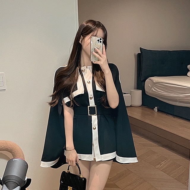 [雰囲気最高/ベルトセット]ゴールド 配色 ケープ 格式 ジャケット(ベージュ/ブラック)