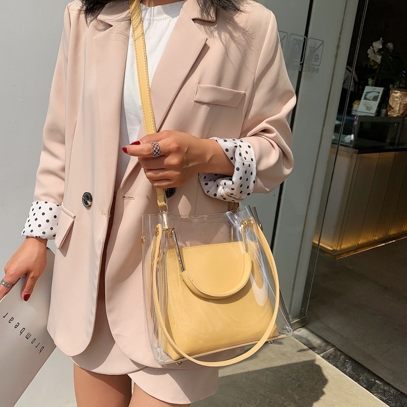 透明バッグ クリアバッグ 2wayバッグ ハンドバッグ ショルダーバッグ 韓国 レディース オルチャン カバン 鞄 四角形 スクエア ビニールバッグ 透明 黒 ブラック 白 ホワイト 黄色