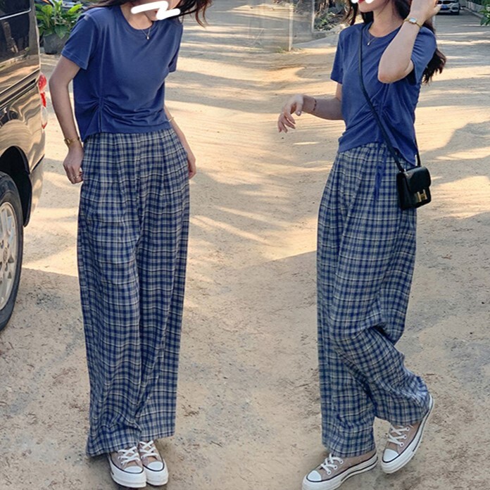 Ｔシャツ 上下セット セットアップ ワイドパンツ 半袖 Uネック 韓国 レディース オルチャン 袖あり ラウンドネック チェック柄 薄手 楽ちん 青 ブルー 2点セット ツーピース お得 M