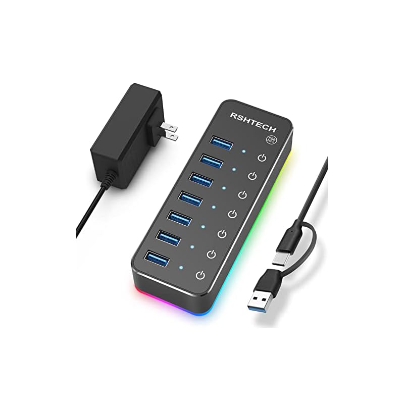 RSHTECH USBハブ 3.0 電源付き RGB 7ポート 2 in 1 ケーブル 付き USB Hub アルミ製 5Gbps高速転送 セルフパワーとバスパワー両用 5V 4A 電源 独立スイッチ