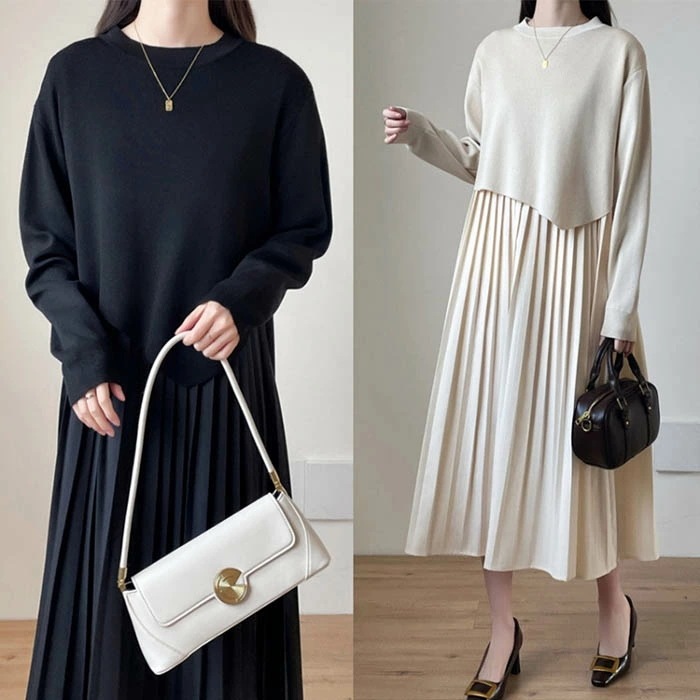 セットアップ レディース 秋 冬 ニット セーター ニット スカート プリーツ スカートスーツ 2点セット Aライン スカート ロング丈 トップス 長袖 春 秋 冬 ゆったり 体型カバー 着痩せ カジ