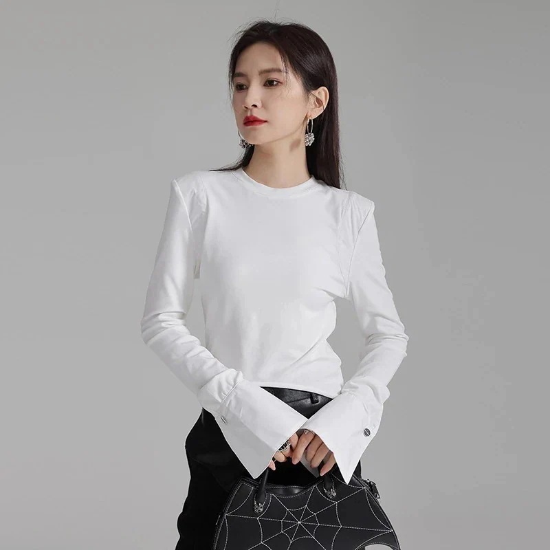 春春冬 スリミング 長袖 tシャツ アンダーウェア 喇叭袖 トップス レディース