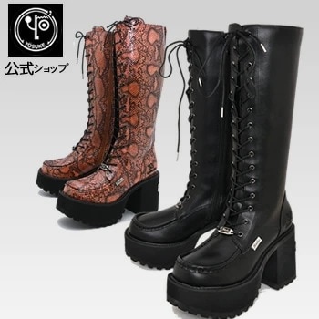 【公式SHOP特典キズ補修液付】 ヨースケ 厚底 レースアップブーツ ロング レディース ブラック 歩きやすい 10cm厚底ヒール