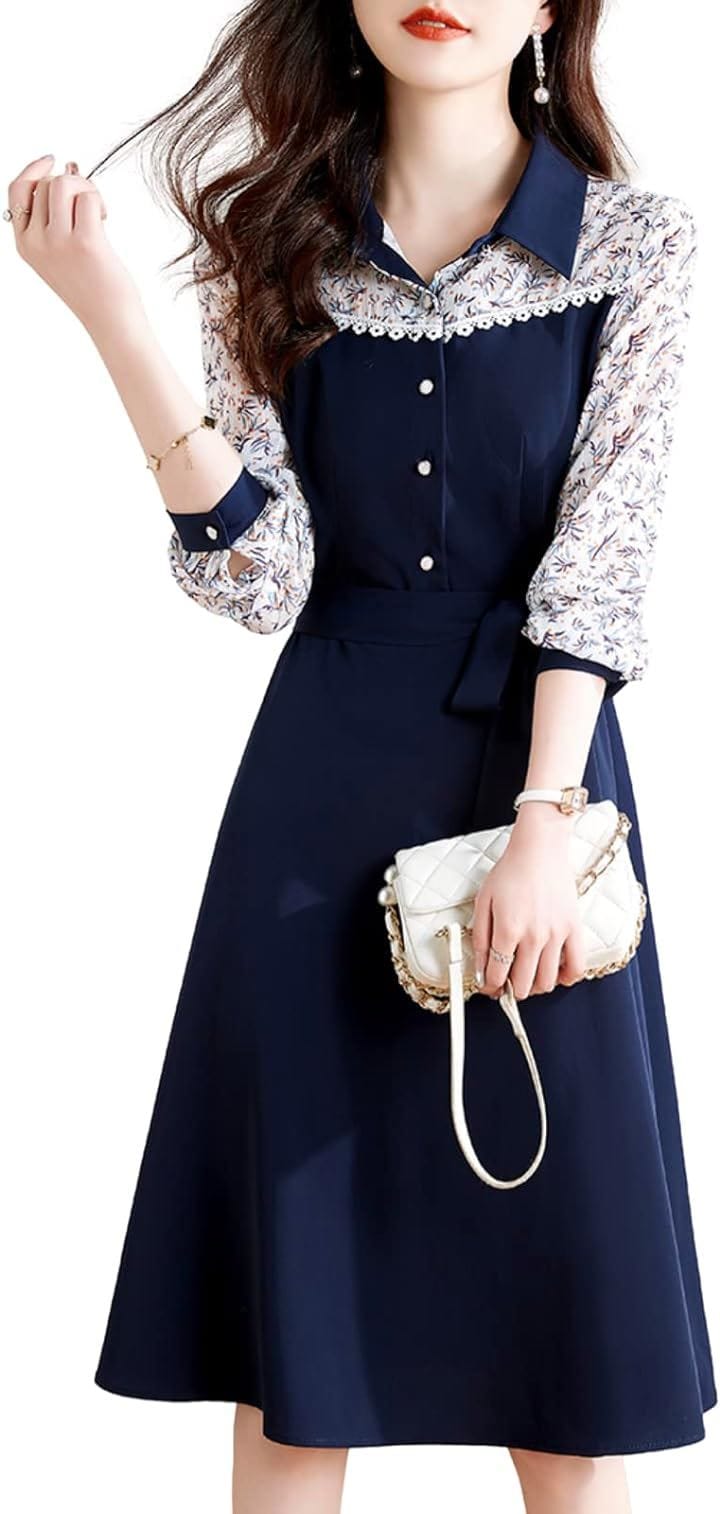 ワンピース 花柄 シアースリーブ 切り替えワンピース 膝下 丈 長袖 レディース( ネイビー, 2XL)