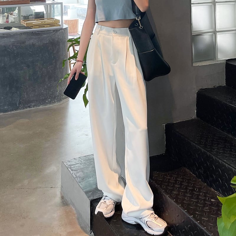 パンツ ボトムス 2タイプ ワイドレッグパンツ l ハイウエスト ワイド ストレート ロング ロング丈 薄手 ドレープ ゆったり ゆるだぼ ルーズ カジュアル シンプル 無地 タック入り ジッパ