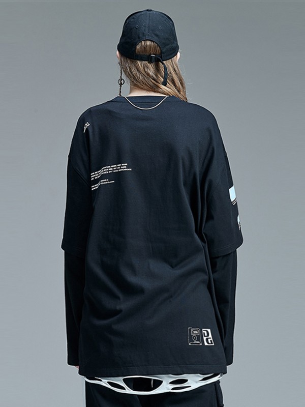 ブラック 長袖 Tシャツ レディース トレンド ブランド ヒップホップ カップル スポーツ ラウンドネック プリント 純綿 フェイク ツーピース ロングT ゆったり