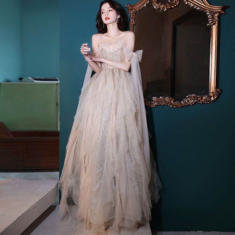 女性用シャンパンイブニングドレス2024宴会誕生日気質ドレス ウェディングドレス