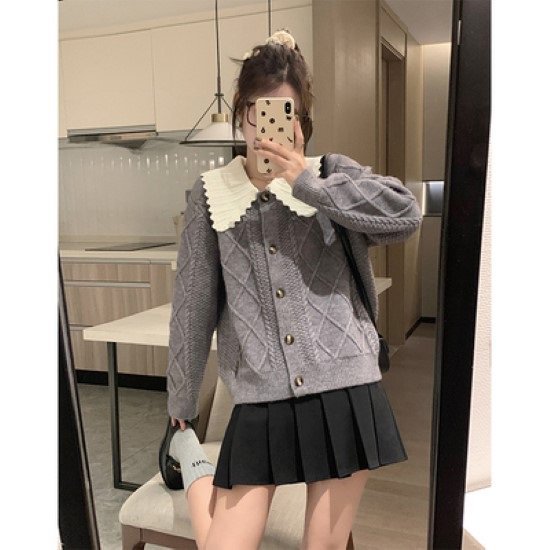 ニットカーディガン レディース カーディガン セーター 羽織 トップス 襟あり 長袖 フロントボタン チェック柄 異素材 カジュアル お出掛け 可愛い ガーリー キュート 秋冬 暖かい カーディガン