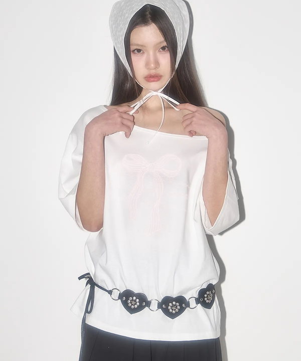 ★ILLIGO★ Ribbon shirring off-shoulder t-shirt white 25SMTO ☆ILLIGO☆ RIBBON SHIRRING OFF SHOULDER T-SHIRT (ILLIGO/T